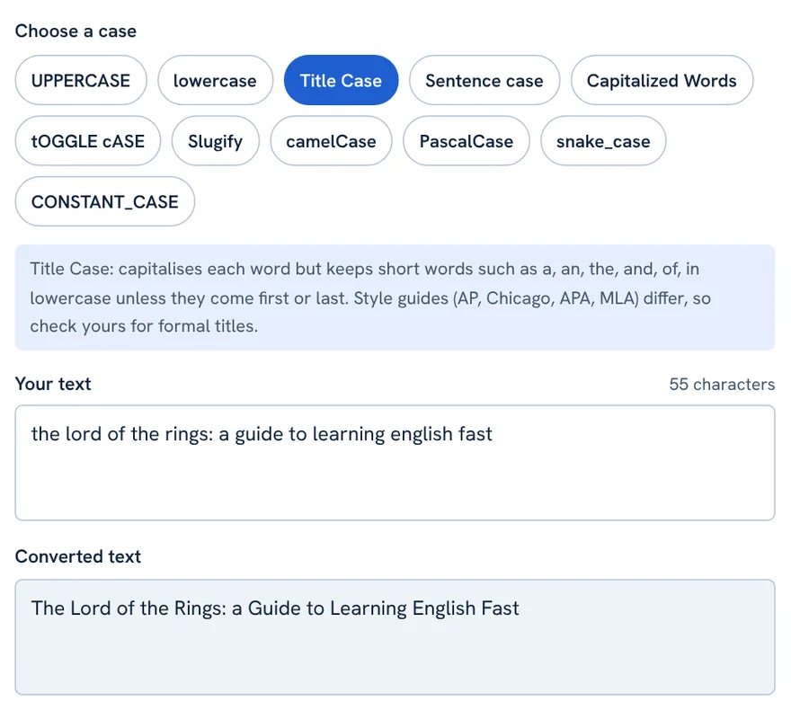 Case converter with eleven case buttons and Title Case selected, showing converted headline