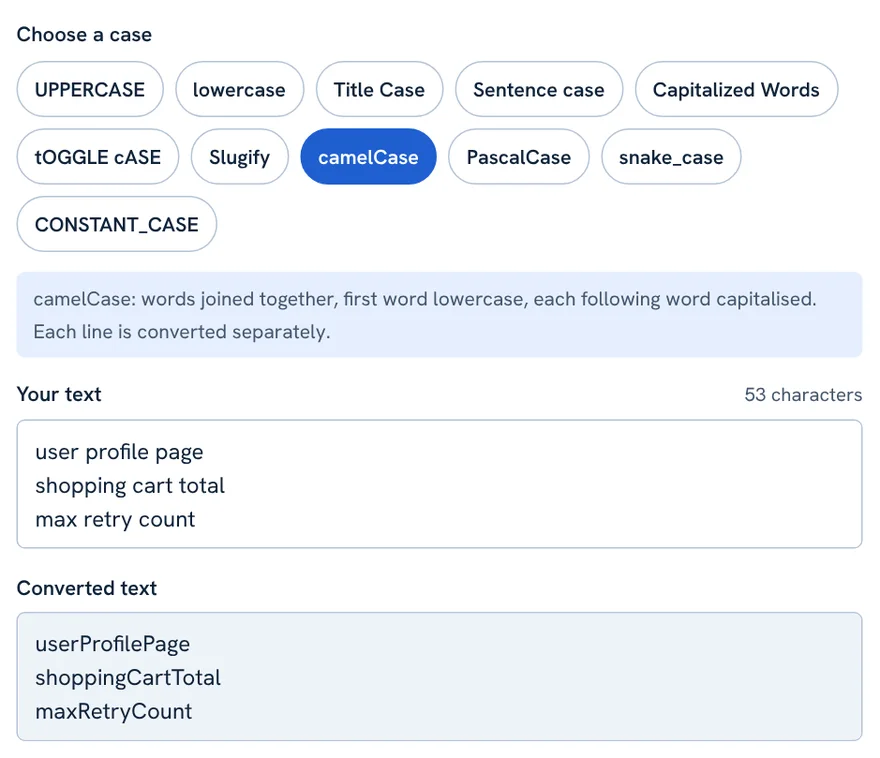 Case converter with camelCase selected converting three lines into variable names