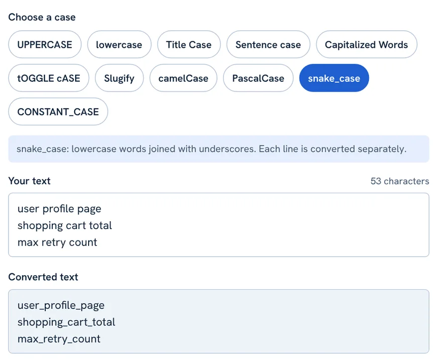 Case converter with snake_case selected for three lines