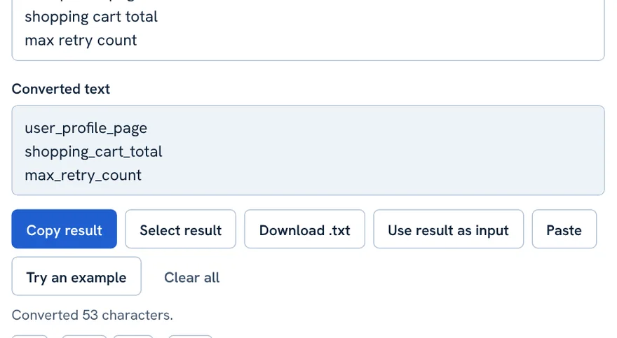 Case converter buttons: Copy result, Select result, Download .txt, Use result as input, Paste, Try an example, Clear all