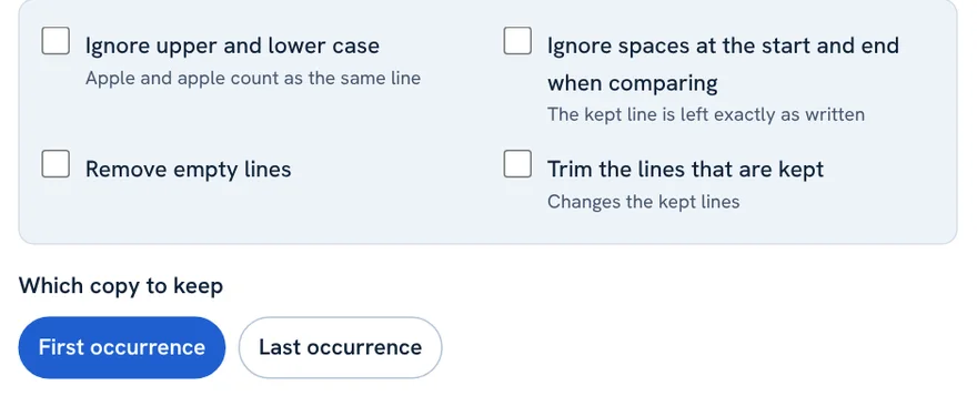 Duplicate line remover options: ignore case, ignore spaces, remove empty lines, trim kept lines, first or last occurrence