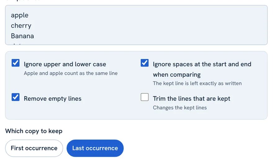 Duplicate line remover with Last occurrence selected