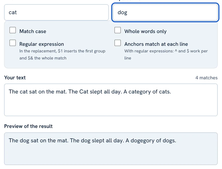 Find and replace with cat replaced by dog showing match count and preview of the result