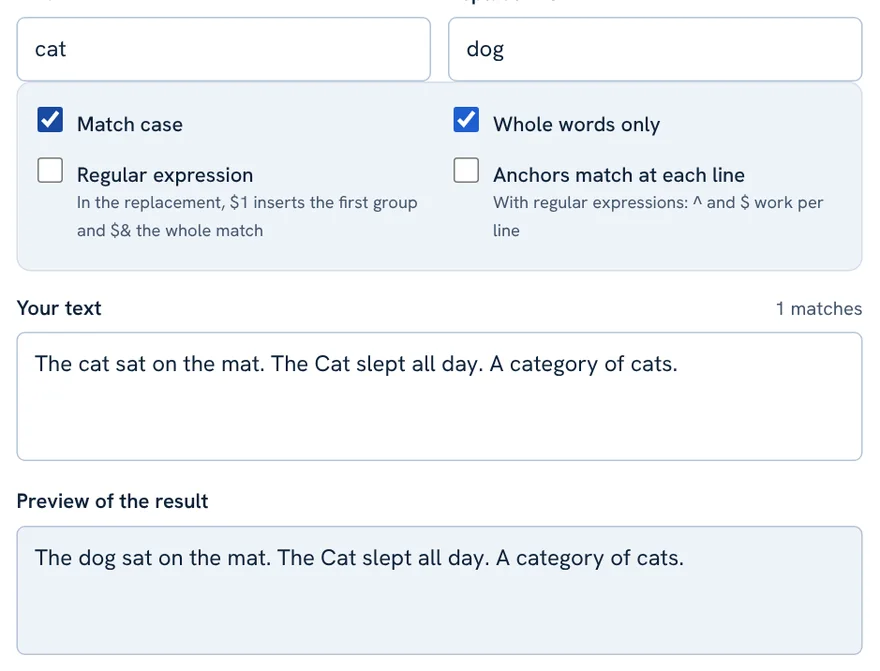 Find and replace with Match case and Whole words only ticked, showing only one match