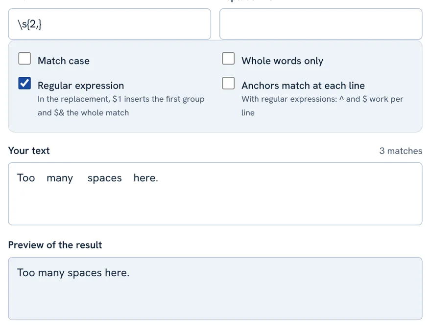 Find and replace using a regular expression to turn many spaces into one