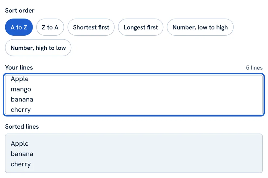 Line sorter with A to Z selected sorting a list of fruit names