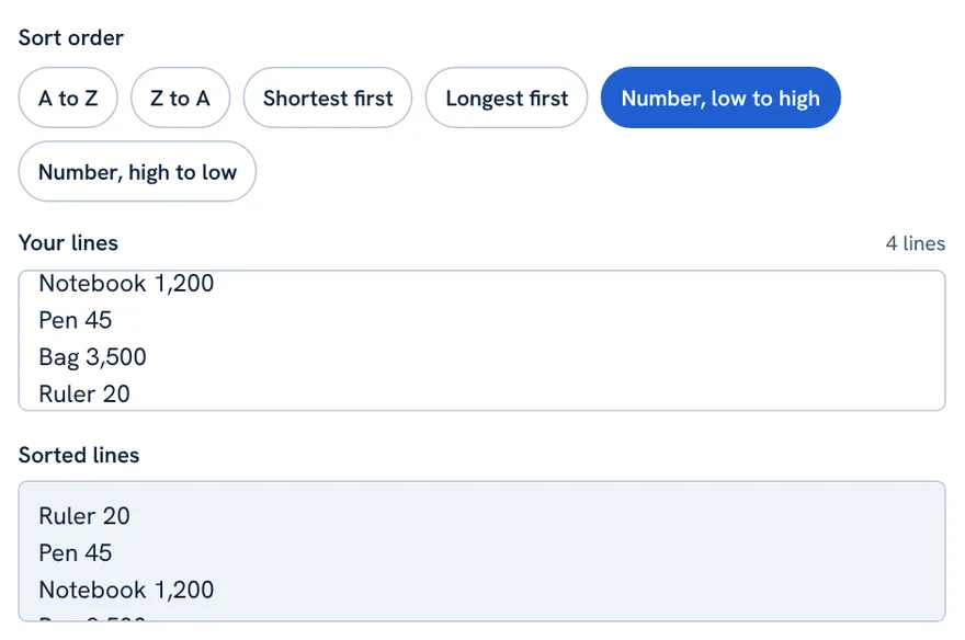 Line sorter with Number low to high sorting prices