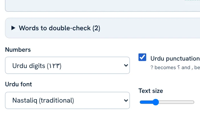 Converter options: numbers, Urdu punctuation, Urdu font and text size