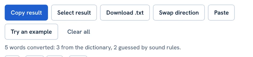 Converter buttons: Copy result, Select result, Download, Swap direction, Paste, Try an example, Clear all