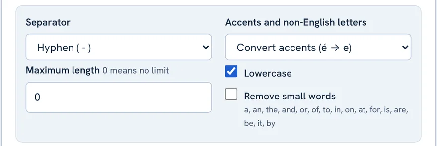 Slug generator options: separator, accents and non-English letters, maximum length, lowercase, remove small words