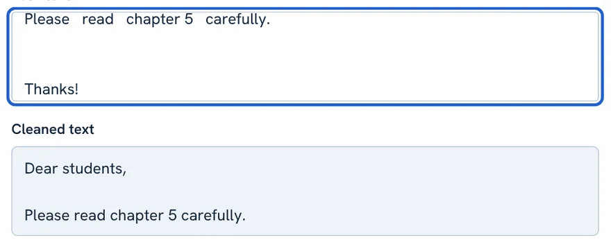 Text cleaner showing messy text with extra spaces and blank lines above and cleaned text below