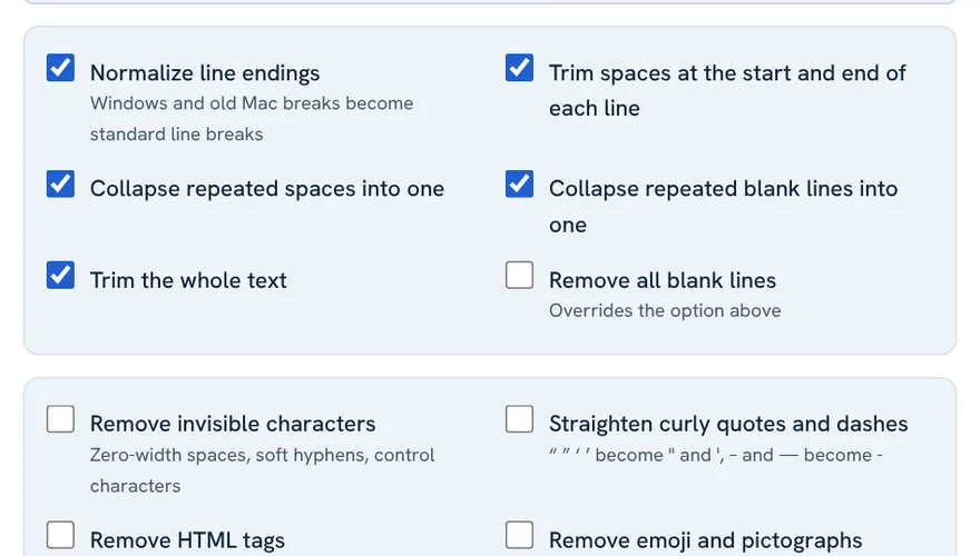 Text cleaner spacing options: normalize line endings, trim spaces, collapse spaces, collapse blank lines, trim text