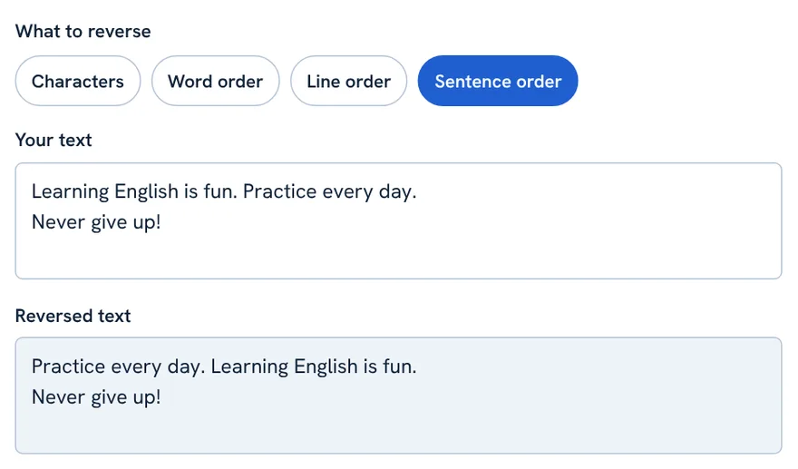 Text reverser with Sentence order mode selected