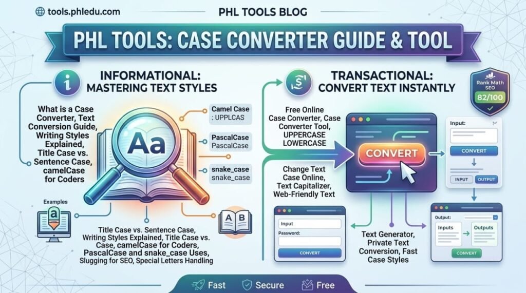 PHL Tools Case Converter Guide and 11 Text Styles Comparison Graphic