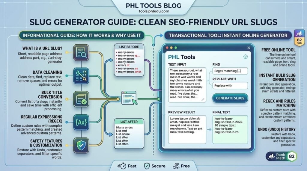 PHL Tools URL Slug Generator Guide and Bulk Title-to-Slug Conversion Tool Visual