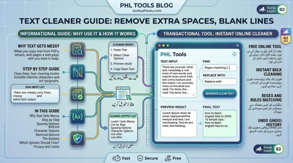 PHL Tools Text Cleaner Guide and Extra Space Remover Infographic in English