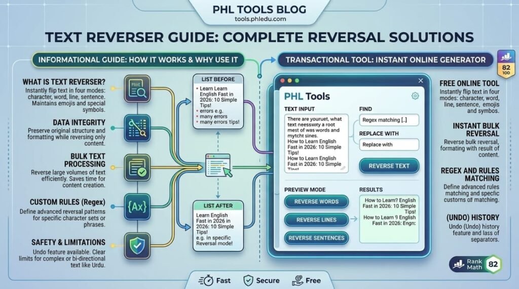 PHL Tools Text Reverser Guide and Bulk Reversal Tool Infographic in English