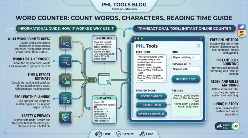 PHL Tools Word Counter Guide and Reading Time Calculator Infographic in English