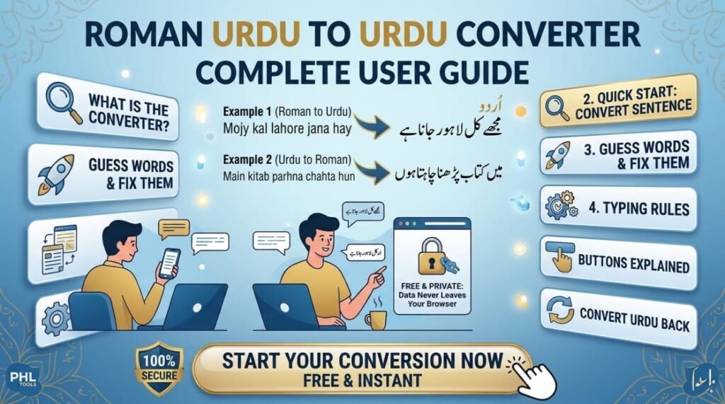 Roman Urdu to Urdu Converter Complete Guide showing text conversion examples and tool features